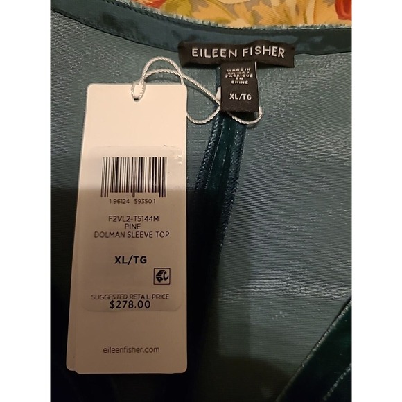 Eileen Fisher Velvet Silk Dolman Sleeve Top Pine Green V-Neck Size L NWT $278 - Picture 6 of 6